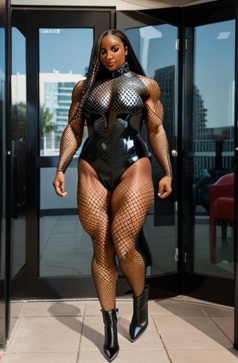 40 year old akilah female bodybuilder, big thighs, (fishnet catsuit), high heels, latex boots, walking out of hotel glass door, ((full body shot))