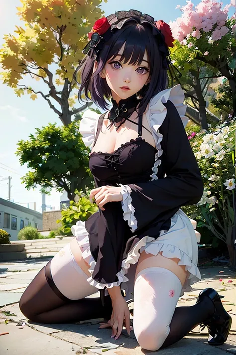 (((Young White Woman))), ((Best Quality)), ((Masterpiece)), (Detail: 1.4), 3D,MarinLora, blush, short hair, black hair, hair ornament, thighhighs, long sleeves, dress, purple eyes, purple hair, flower, pantyhose, hairband, frills, hair flower, wide sleeves...