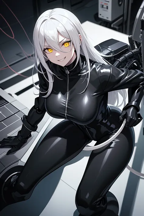 robotic woman, black rubber bodysuit, long black rubber boots, long black rubber gloves, White lab jacket, Long white hair, evil mad smile, shadow over eyes, yellow glowing eyes, wires attach on back, machines on back.