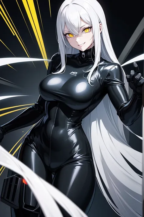 robotic woman, black rubber bodysuit, long black rubber boots, long black rubber gloves, White lab jacket, Long white hair, evil mad smile, shadow over eyes, yellow glowing eyes, wires attach on back, machines on back.