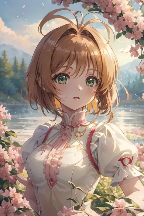 master piece, Best Quality, A high resolution, top-quality, Anime style, The best lighting, Beautiful face, kinomoto sakura, 1woman, tall, 30 years old, large breasts, light brown hair, Short hair, Antenna Hair, Green eyes, frills,  beautiful dress with in...