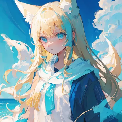 Girl with turquoise eyes and blonde hair with blue at the end of each strand holding white fox