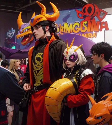 hay un hombre y una mujer disfrazados de personajes pokemon, cosplayer, with robot dragon head, con armadura de aspecto escamoso, Charizard, anime , Usando armadura de cazador de monstruos, con dos personajes, , Spyro, Manga y Anime 2010, dragon in the bac...