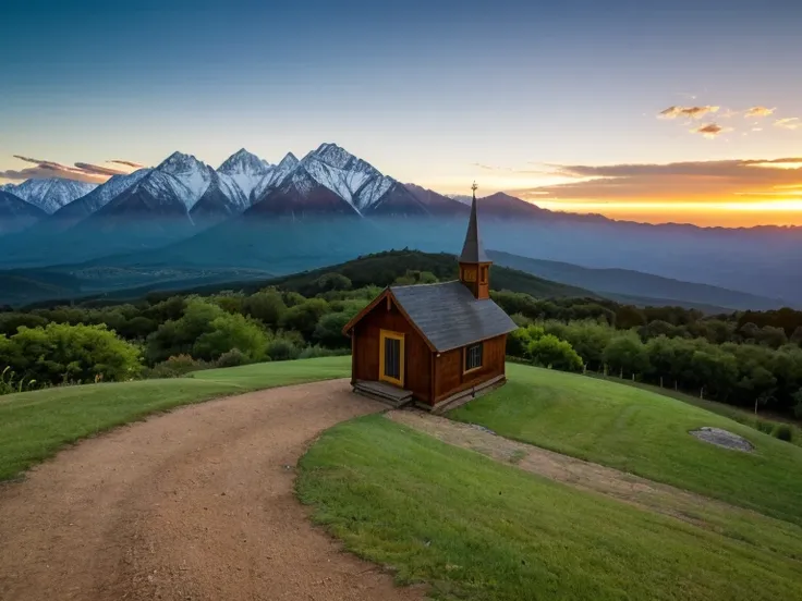 a small, lonely chapel standing on the top of a mountain, a view of other mountain peaks, a sunset