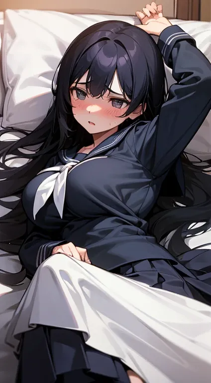 girl lays on a bed, 1girl, solo, breasts, ,black hair, long hair ,((lying on back)),black long-sleeved sailor uniform, black pleated skirt, (messy clothes: 1.0), (Background: on bedroom bed),(large breasts),blush,(embarrassed),upset, parted lips, sweat,(Di...