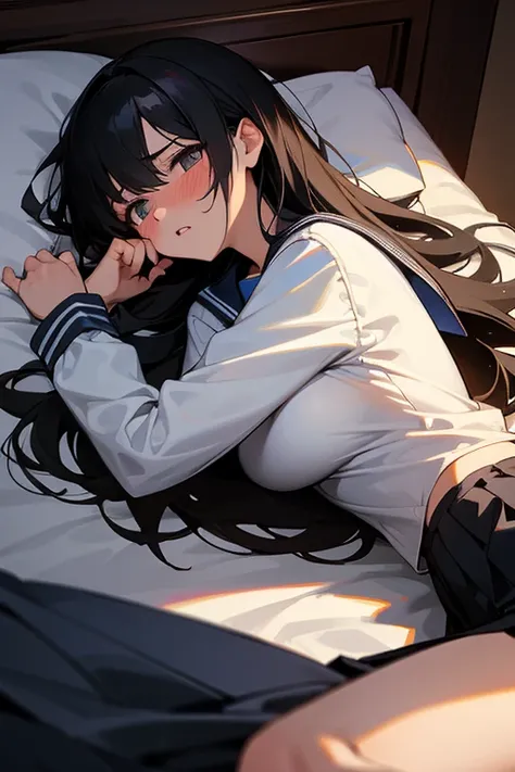 girl lays on a bed, 1girl, solo, breasts, ,black hair, long hair ,((lying on back)),black long-sleeved sailor uniform, black pleated skirt, (messy clothes: 1.0), (Background: on bedroom bed),(large breasts),blush,(embarrassed),upset, parted lips, sweat,(Di...