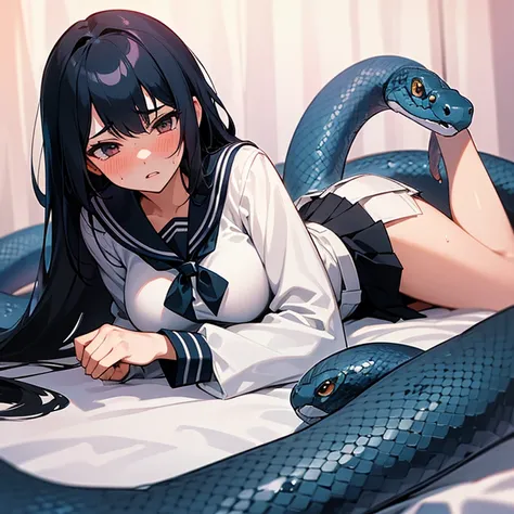 girl lays on a bed, 1girl, solo, breasts, ,black hair, long hair ,((lying on back)),black long-sleeved sailor uniform, black pleated skirt, (messy clothes: 1.0), (Background: on bedroom bed),(large breasts),blush,(embarrassed),upset, parted lips, sweat, (s...