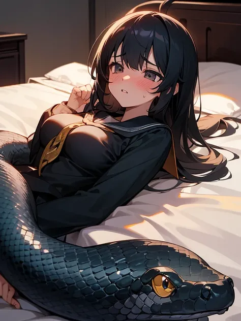 girl lays on a bed, 1girl, solo, breasts, ,black hair, long hair ,((lying on back)),black long-sleeved sailor uniform, black pleated skirt, (messy clothes: 1.0), (Background: on bedroom bed),(large breasts),blush,(embarrassed),upset, parted lips, sweat, (s...