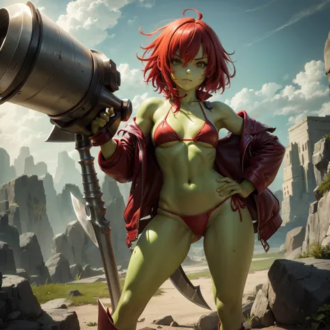 Solo,female,goblin,green skin, short red messy hair, leather bikini armour, holding axe, standing, legs spread, masterpiece high-quality