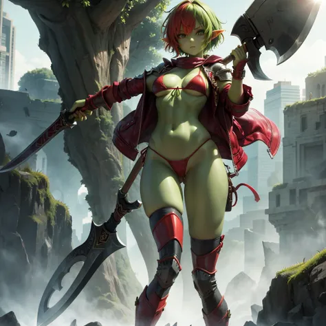 Solo,female,goblin,green skin, short red messy hair, leather bikini armour, holding axe, standing, legs spread, masterpiece high-quality