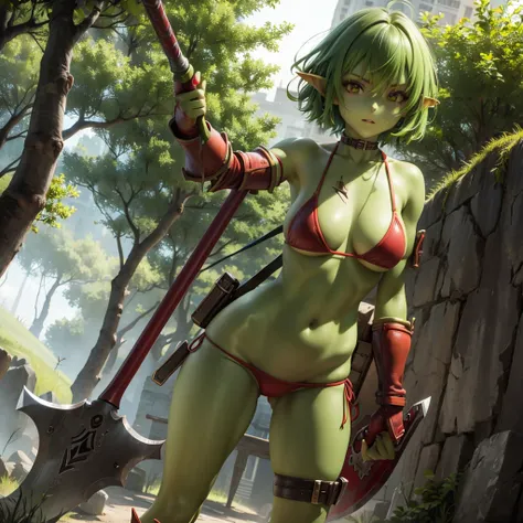 Solo,female,goblin,green skin, short red messy hair, leather bikini armour, holding axe, standing, legs spread, masterpiece high-quality