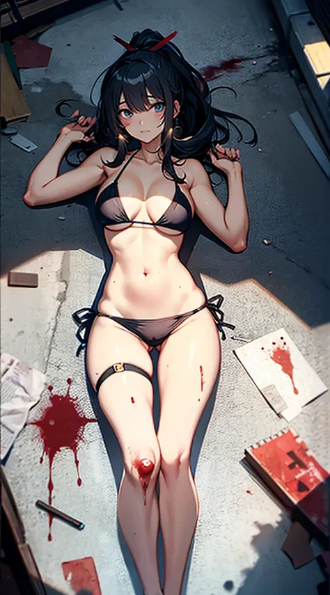 Anime girl wearing a string bikini,Black Hair, long-haired, long ponytail,มีBlood stains on the body... Blood stains on bikini Blood stains on arms and legs, Blood stains on the body...