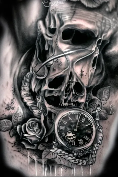 Close-up of the clock，with skulls and roses on it, realism tattoo design, concept tattoo design, Realistic tattoo illustration, realism tattoo sketch, tattoo design, 3D design for tattoo, black and grey tattoo style, Black and white ink&#39;, hyper - reali...