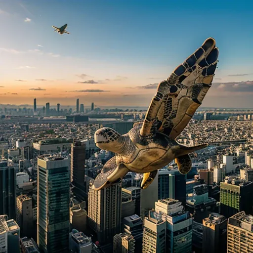 a giant flying sea turtle up on the sky on Tokyo Japan. It up top the city