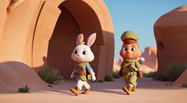 cute cartoon rabbit soldier walking, desert background, 8K, cinematic, unreal engine render