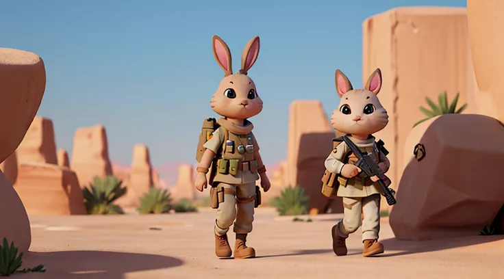 cute cartoon rabbit soldier walking, desert background, 8K, cinematic, unreal engine render