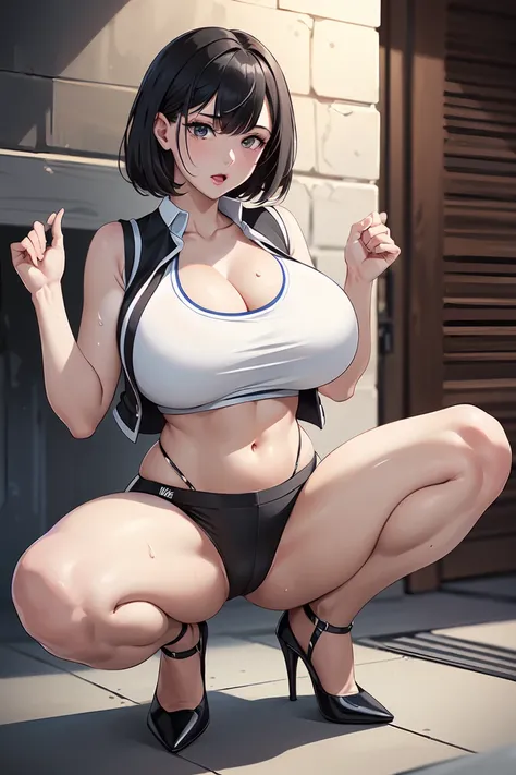 (Best quality at best,Unbeatable masterpiece:1.4),Ultra-detailed CG 4K,black color hair，Wear a white vest，cowboys，high-heels，humongous large breast，rendering，humongous large breast，，navel，squatting on the ground，sweat profusely