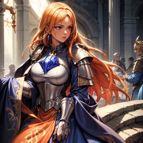 female, tanned skinned,priest,orange vestments,blonde hair,blue eyes,half plate armour,illustration,ultra-detailed,realistic,stu...