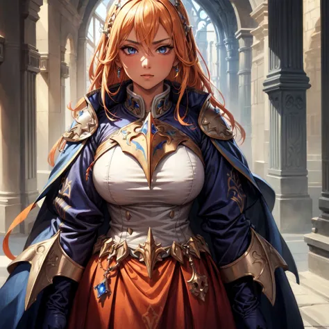 female, tanned skinned,priest,orange vestments,blonde hair,blue eyes,half plate armour,illustration,ultra-detailed,realistic,studio lighting,vivid colors,sharp focus,portraits,blue color palette,sunlight, ruby and sapphires