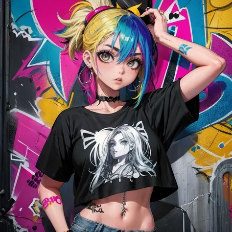 A garota punk rock mais bonita e sexy, rainbow colored hair, olhos amarelos, usando um capuz, Graphic T-shirt and ripped skinny jeans, enormes seios gigantescos, cleavage showing, toneladas de tatuagens e piercings, elementos de graffiti no fundo, Obra-pri...