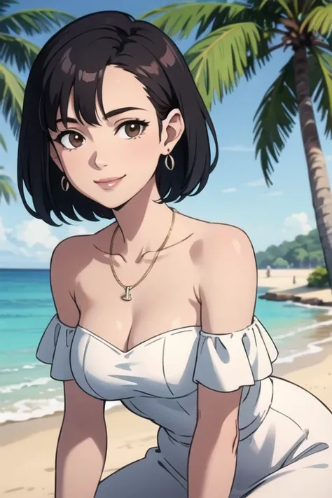 Best quality, Beautiful lighting, medium breasts, Black hair, Short Hair, Bob Hair, Smile, 1 Girl, Solo, jewelry, Earrings, Brown eyes, strapless white dress, Off-the-shoulder attire:1.4, short-sleeves, cleavage, Smile, collarbone, necklace, Bare shoulders...