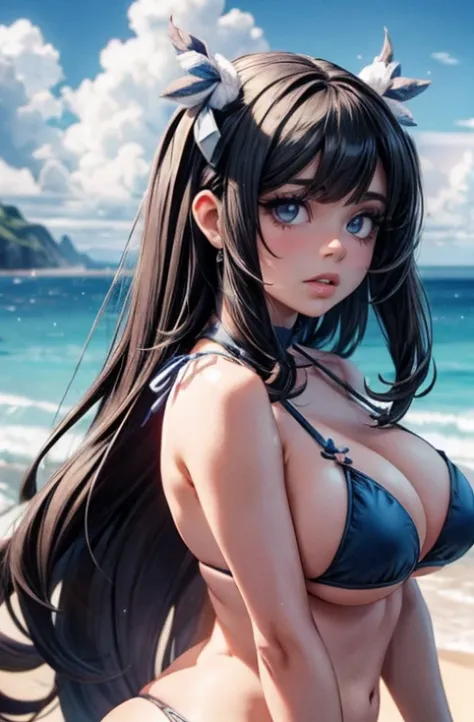 estilo mksks, master part, best quality, long eyelashes, delineador, sombra, mascara, colorido, pink lips, pele profunda, Olhando para o Viewer, foto de corpo inteiro, Curvy, Hestia (Danmachi), 1girl, seios, sozinho, cabelos longos, blue fita, Caudas dupla...