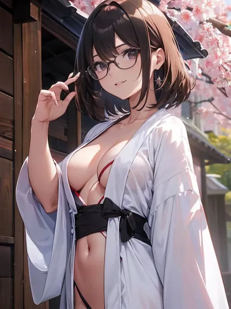 1 mulher、cabelos castanhos(curta)、Quality of glasses with brown rims、ultra-detalhada、8K resolution、Foto RAW、masutepiece、peitos sedutores、Rostos lindos、Corpo Perfeito、um sorriso、shrines、Omatsuri、bathrobe