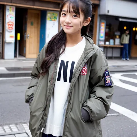 Beautiful girl wearing a down jacket、japanes、15yo student、In the street、