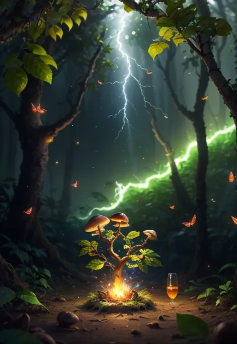 Fantasy in a glass, "ethereal roses, beautiful girls, cute slime animals, glowing little mushrooms surrounded by delicate leaves and branches, and fireflies and glowing particle effects", (natural elements), (jungle theme), (leaves), (branches), (fireflies...