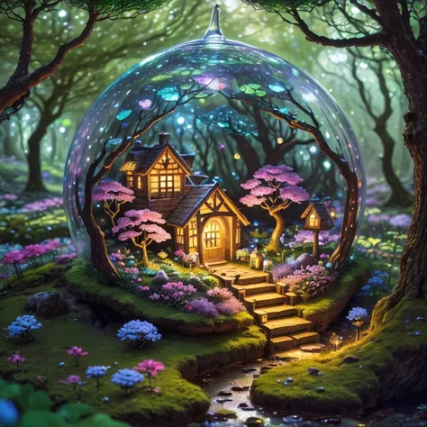 In a secluded glade nestled within an ancient forest, a charming fairy village comes to life, luminescent dwellings adorned with petals and leaves dot the landscape, while tiny pathways wind through the verdant surroundings, sparkle, glowing light, super d...