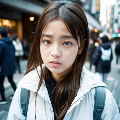 Beautiful girl wearing a white down jacket、japanes、17 age、In the street、serious facial expression、