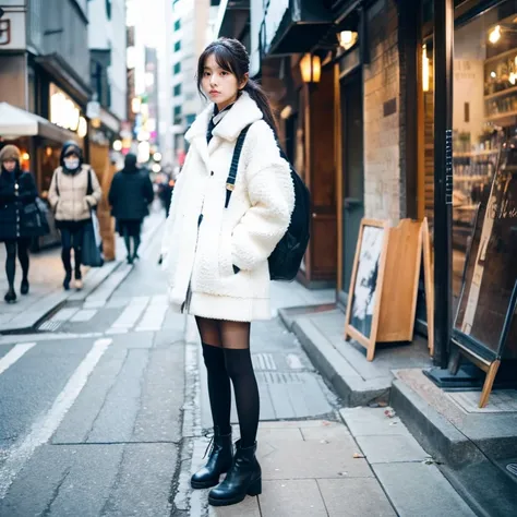 Beautiful girl wearing a white down jacket、japanes、17 age、In the street、serious facial expression、Knitted skirt、knit tights、Mouton Boots、