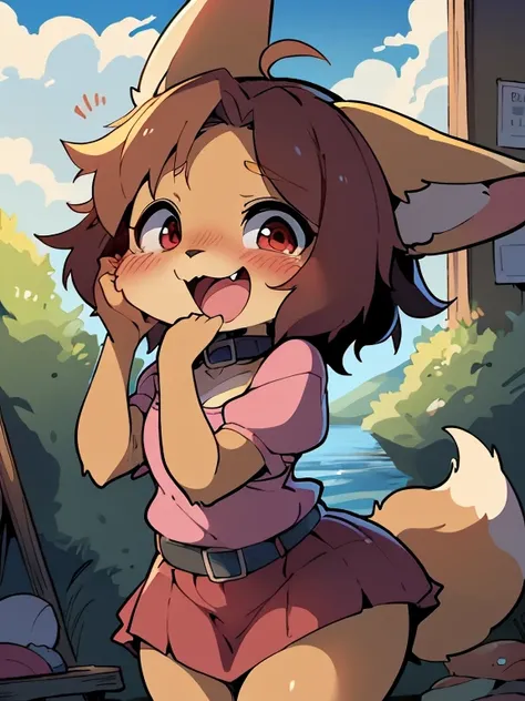 (loli, anthro, fennec fox, small hair, small ahoge, light brown hair, small snout, flat chest, fox tail, little thighs, ((long fur, yellow fur)), round head, round chin, small fangs and big red eyes) wearing (brown collar, pink blouse, red skirt, long skir...