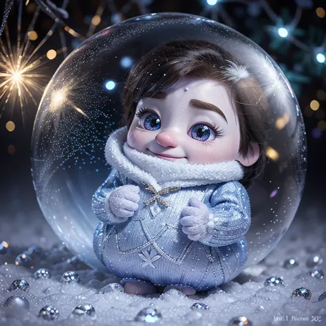 New Years magical 🪄 mood, tiny realistic Olaf (Pixars Frozen character)held in fluffy knitted mittens, sparkles, snowflakes, close-up, bright rich saturated colors, drawing details, depth of field, diamond glitter ✨, 300dpi, CGI, silver threads, digital pa...