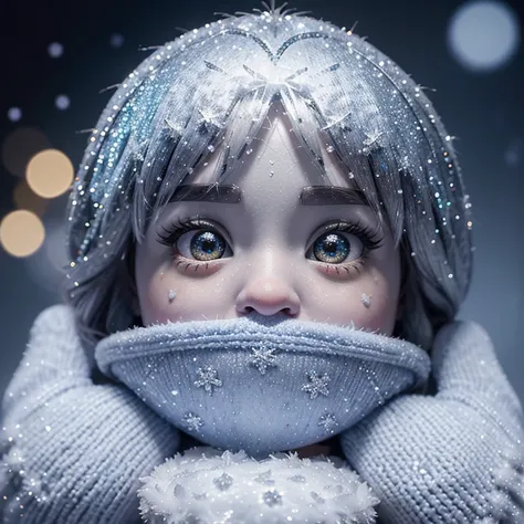 New Years magical 🪄 mood, tiny realistic Olaf (Pixars Frozen character)held in fluffy knitted mittens, sparkles, snowflakes, close-up, bright rich saturated colors, drawing details, depth of field, diamond glitter ✨, 300dpi, CGI, silver threads, digital pa...