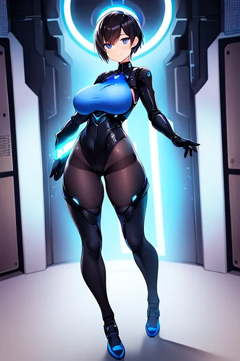 1girl, breasts, large breasts, black hair, very short hair, pixie cut, tomboy, boyish, blue eyes, bodysuit, black bodysuit, blue trim, science-fiction, futuristic, tech, neon trim, neon, smile, full body, ((full body)), pantyhose, black pantyhose, hourglas...