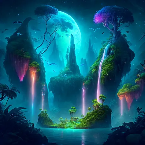 an enchanting fantasy jungle under a moonlit sky, massive floating islands covered in lush vegetation, cascading waterfalls, and...