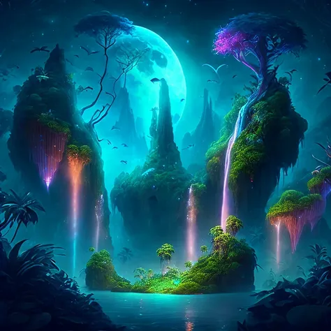 an enchanting fantasy jungle under a moonlit sky, massive floating islands covered in lush vegetation, cascading waterfalls, and...