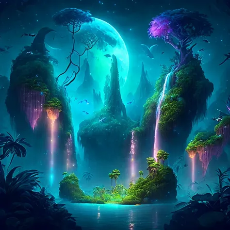 an enchanting fantasy jungle under a moonlit sky, massive floating islands covered in lush vegetation, cascading waterfalls, and...