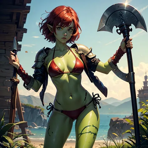 Solo,female,goblin,green skin, short red messy hair, leather bikini armour, holding axe, standing, legs spread, masterpiece high-quality