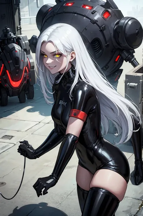 robotic woman, black rubber bodysuit, long black rubber boots, long black rubber gloves, White lab jacket, Long white hair, evil mad smile, shadow over eyes, yellow glowing eyes, wires attach on back, machines on back.