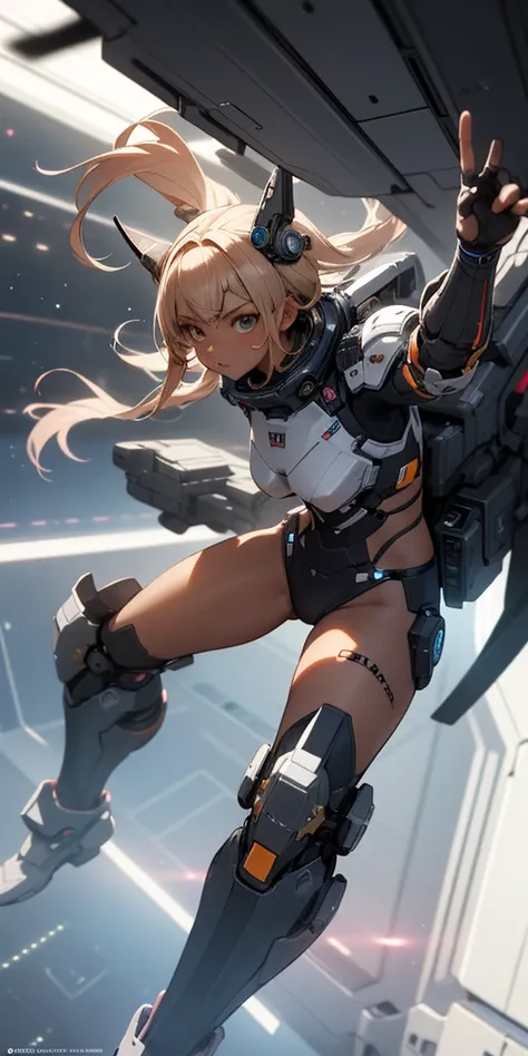 modelshoot of middle school girl, black gyaru (tanned skin), scifi battle armour, fighting pose, futuristic background, highly detailed, spaceships in background