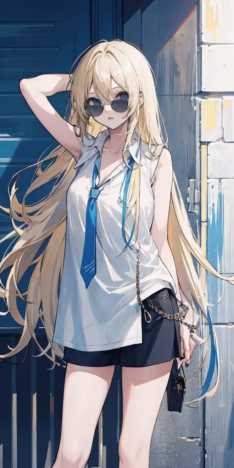 Female, standing, straight, long_hair, messy_hair,blonde_hair, blue_sunglasses,white_shirt,sleeveless_shirt, photo, cinematic