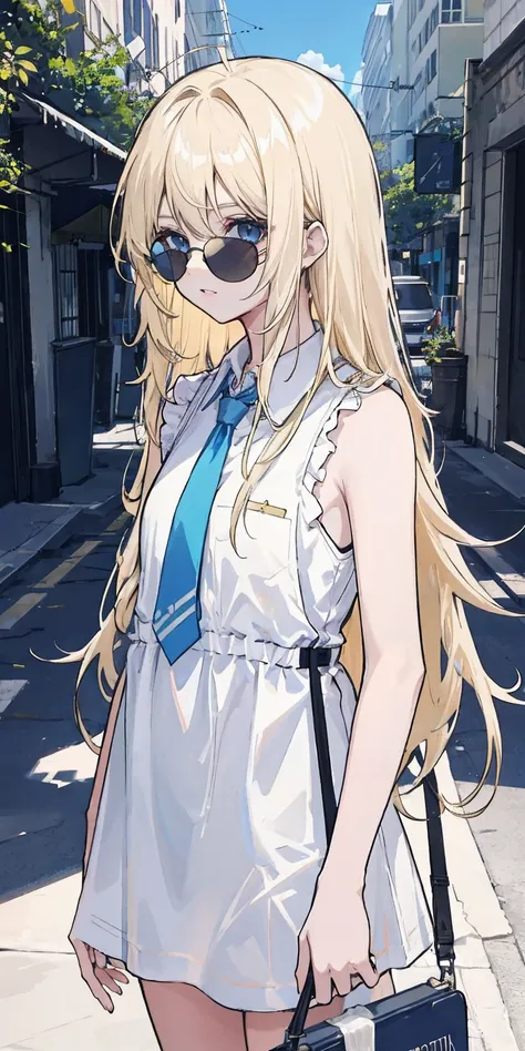 Female, standing, straight, long_hair, messy_hair,blonde_hair, blue_sunglasses,white_shirt,sleeveless_shirt, photo, cinematic