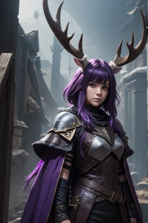 Knight Jackalope, short purple hair, jackalope antlers, dark armor(masterpiece, best quality)