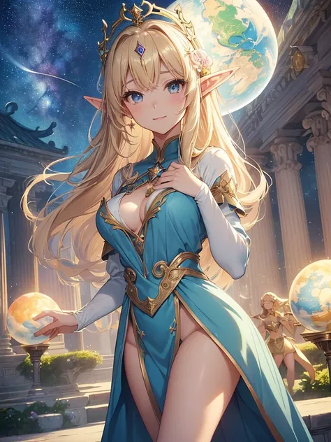 top-quality、Top image quality、​masterpiece、Super beautiful elf beauty((24 year old、Best Bust、big bast、Bust 90,beautiful blue long ironed hair、a blond、globe、A sexy、A slender、a closeup、Esbian、beautiful tiara、hiquality、Beautiful Art、Background with((starrysky...