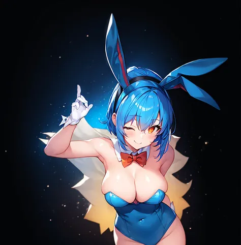 1girl, large breasts, bunnysuit, orange eyes, rabbit ears, very short hair, blue hair, bunny ears, bowtie, breasts, text, heart, christmas, smile, one-eye closed, black background