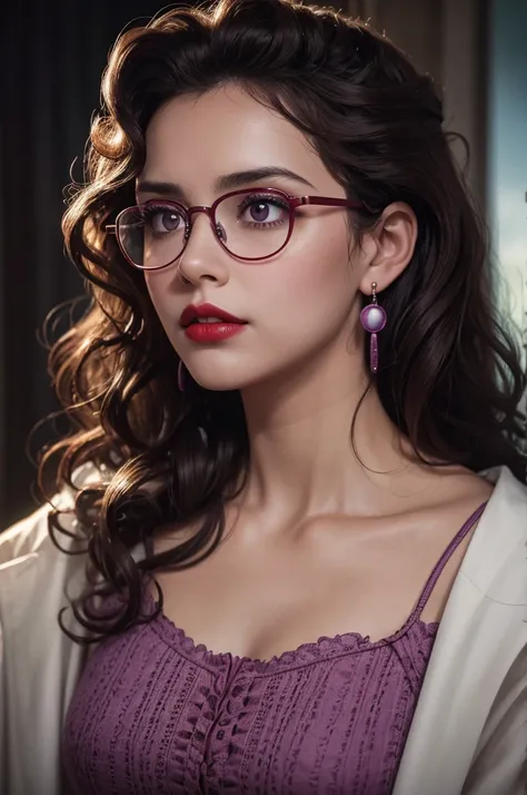 Slightly curly hair, rimless glasses, small spots under the corners of the mouth, / note lilac earrings, slightly closed mouth, red lips, surrealism, high detail, strong chiaroscuro, film graininess, panorama, ultra high-definition, precise, textured skin.