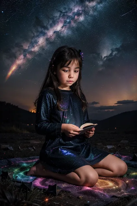 a little girl sitting in the stars and reading a colored shining book, rainbow colored cosmic nebula sky background, stars, galaxies