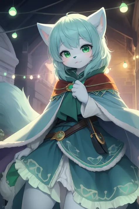 (furry:1.2), focus on face, cute cloak, beautiful lights and shadows, light blue fur, emerald green eyes,